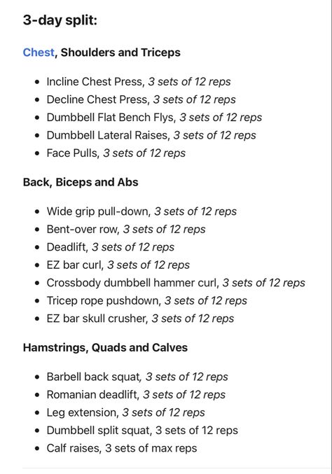 3 day split workout plan with muscle group combinations per day. Gym Schedule For Women 3 Day, Gym Workout 3 Days A Week, Full Body Workout At Gym 3 Days, Workout Gym Plan For Women, Workout Schedule 3 Day Split, Beginner 3 Day Gym Workout, Workout Schedule For Women 3 Days A Week, 3day Workout Plan Gym, Two Day Workout Split