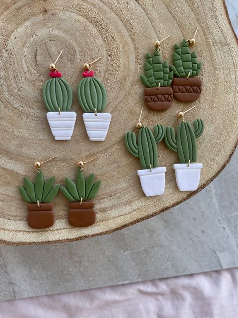 Polymer Cactus Earrings, Diy Cactus Earrings, Plant Clay Art, Clay Cactus Earrings, Polymer Clay Cactus Earrings, Cactus Polymer Clay Earrings, Plant Polymer Clay Earrings, Polymer Clay Earrings Diy Ideas, Pasta Earrings