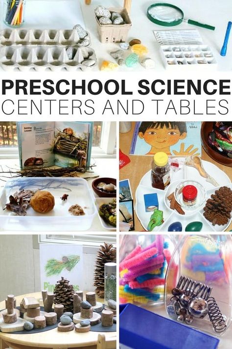 Easy preschool science center, preschool discovery centers, and preschool discovery tables for home or classroom use. Explore preschool science with child led science activities on a variety of themes. Plus read about science centers from teachers! Preschool Science Center Ideas, Preschool Science Centers, Science Area Preschool, Preschool Science Center, Discovery Table, Science Center Preschool, Preschool Set Up, Simple Stem Activities, Preschool Classroom Setup