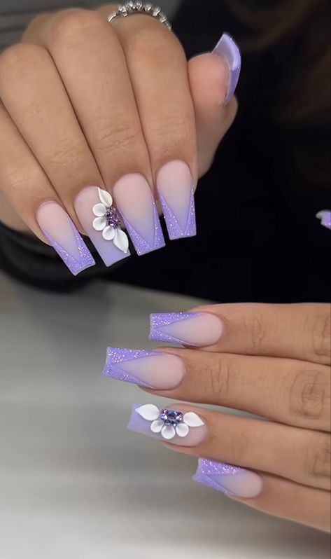 Lilac Nails Design, Purple And Silver Nails, Texas Spring, Light Purple Nails, Dark Purple Nails, Nail Art Inspo, Purple Ombre Nails, Quinceanera Nails, Nails Bright