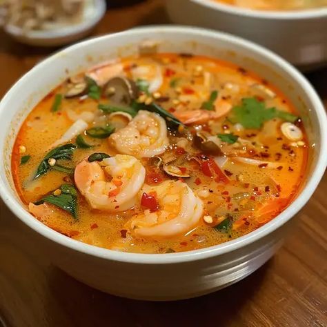 Tom Yum Soup: A Spicy and Sour Thai Delicacy - Recipes Time Soup Recipes International, Tom Yum Soup Chicken, Yum Tom Soup Thai, Asian Clear Soup, Tom Kha Ramen, Creamy Tom Yum Soup Recipe, Tom Yum Noodle Soup Recipe, Tom Yum Soup With Paste, Spicy Lemon Fish Soup