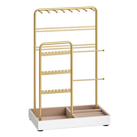 PRICES MAY VARY. [Double Rows Prevent Tangles] The jewelry holder has 2 independent storage racks with a 2.3" gap, preventing the entanglement of necklaces, bracelets, and accessories. Its vertical design maximizes organization and saves table space [For Various Jewelry] Tame your jewelry with this jewelry organizer! It holds 24 pairs of earrings or studs, 10 bracelets or watches on the 2 rods, 16 necklaces on hooks, and other small items like rings, lipsticks, pins, and hairpins in the base [St Gold Necklace Holder, Jewelry Organizer Earrings, Gold Jewelry Holder, Jewerly Organizer Ideas Bedroom, Acrylic Jewelry Organizer, Wishlist Room Decor, Jewelry Stand Aesthetic, Jewlrey Organization, Jewelry Organizer Aesthetic