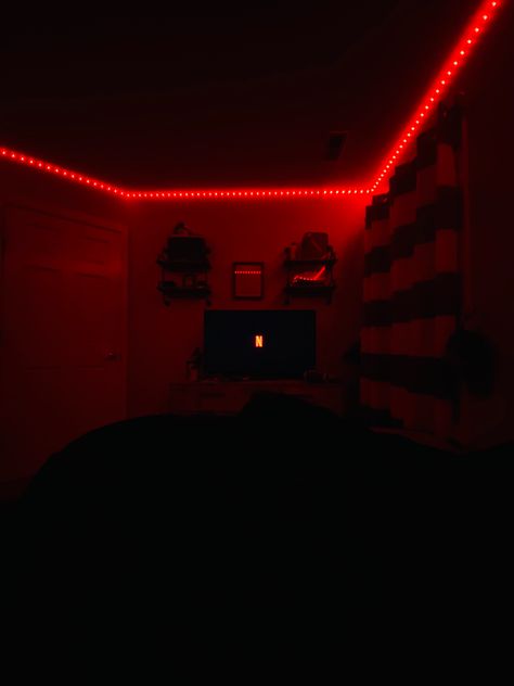 Bedroom Led Lights Boy, Red Lights In Bedroom, Red Led Room Aesthetic, Red Lights Bedroom, Red Boys Bedroom, Red Ceiling, Led Lighting Bedroom, Bedroom Led, Lights Bedroom