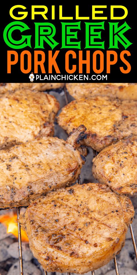 Grilled Greek Pork Chops - hands down the BEST pork chops I've ever eaten! Marinated in olive oil, lemon juice, Worcestershire sauce, onion powder, garlic powder, ground mustard, salt and pepper. I made these for a cookout and everyone raved about them. I had to give everyone the recipe!!! SO simple and SOOO delicious!!! #grilling #porkchops #grill #pork Greek Pork Chops, The Best Pork Chops, Best Pork Chops, Greek Pork, Barbecue Pork Ribs, Bbq Pork Ribs, Pork Rib Recipes, Grilled Pork Chops, Ground Mustard