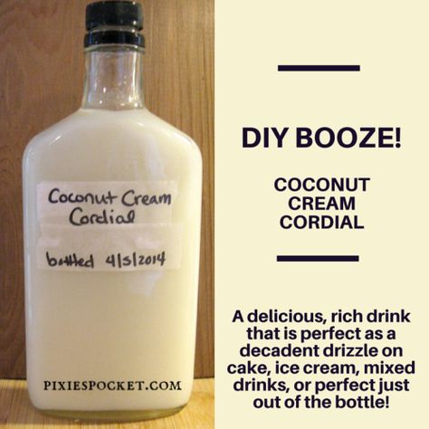 creamy coconut cordial Booze Recipes, Homemade Liqueur, Homemade Liqueur Recipes, Homemade Liquors, Homemade Wine Recipes, Infused Liquors, Cordial Recipe, Homemade Alcohol, Homemade Liquor