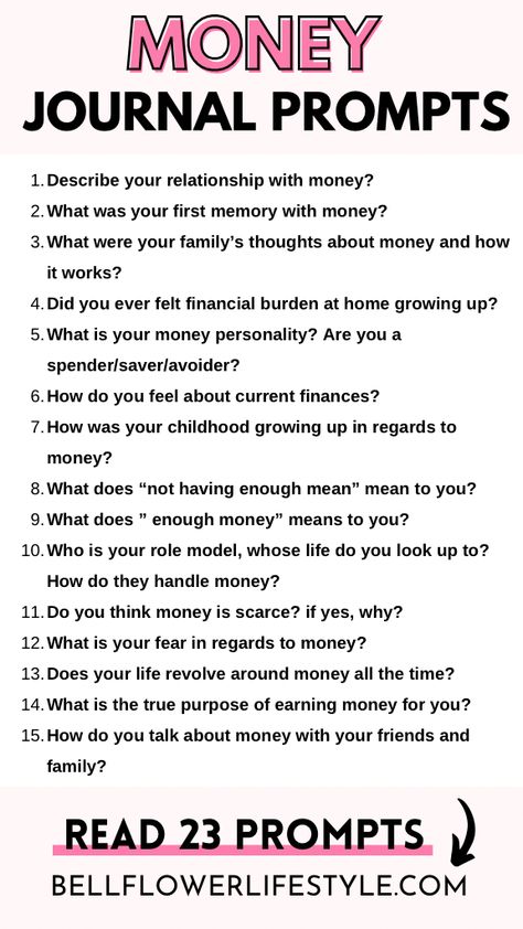 23 Money Journal Prompts for Growth Mindset and Manifestation Journal Prompts For Abundance, Financial Journal Prompts, Finance Journal Prompts, Money Shadow Work Prompts, Money Blocks Journal Prompts, Abundance Journal, Financial Shadow Work, Shadow Work Journal Prompts Money, Physiology Of Money