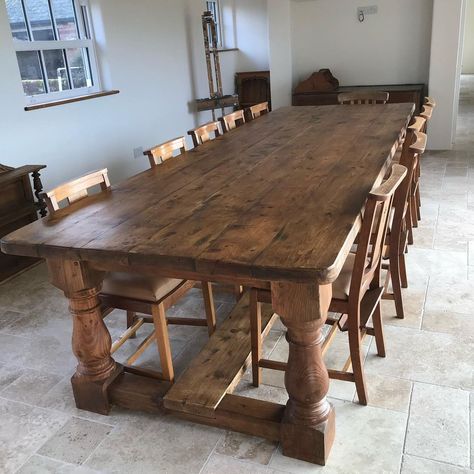 Large Refectory Table made from old reclaimed pine and featuring thick, chunky legs and a two inch thick table top. Country Farmhouse Table, Reclaimed Table, Family Dining Table, Farmhouse Tables, Refectory Table, Reclaimed Pine, Handmade Table, Wooden Dining Tables, Farm Table