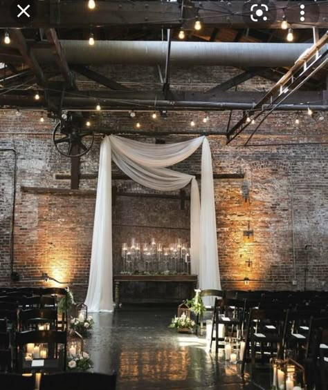 Ceremony Draping, Ceremony Space Decor, Industrial Wedding Ceremony, Loft Wedding Ceremony, Industrial Wedding Style, Industrial Wedding Decor, Romantic Ceremony, Catering Design, Industrial Chic Wedding