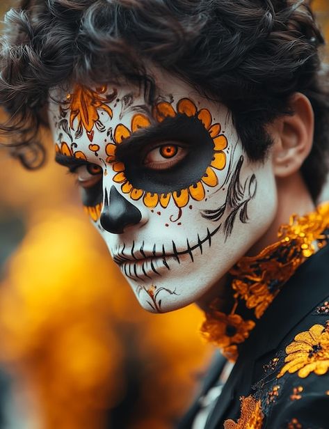 Mexican Skull Face Paint, Mens Dia De Los Muertos Makeup Ideas, Mexican Sugar Skull Makeup, Sugar Skull Face Paint Men, Dia De Los Muertos Makeup Ideas For Men, Day Of The Dead Makeup For Men, Mens Sugar Skull Makeup, Halloween Costume Face Paint, Mens Day Of The Dead Makeup