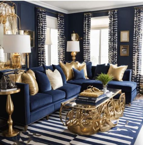 Blue Gold Home Decor, Blue White And Gold Living Room, Navy Blue Couch Living Room Ideas, Navy Blue And Gold Living Room, Gold Apartment Decor, Navy Blue And Grey Living Room, Blue And Gold Living Room, Blue Couch Living Room, Gold Living Room Decor