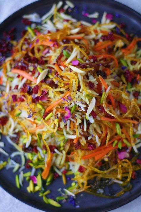 Persian Vegan, Jewelled Rice, Persian Jeweled Rice, Persian Food Iranian Cuisine, Jeweled Rice, Celebration Recipes, Arabisk Mad, Kosher Kitchen, Persian Rice