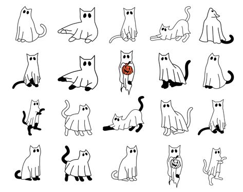 Cute Design Ideas Drawing, Cat Halloween Drawing, Cat Halloween Decorations, Whimsical Halloween Art, Halloween Animal Drawings, Halloween Cat Drawing Easy, Sheet Ghost Dog Tattoo, Cat Halloween Tattoo, Black Cat Sketch