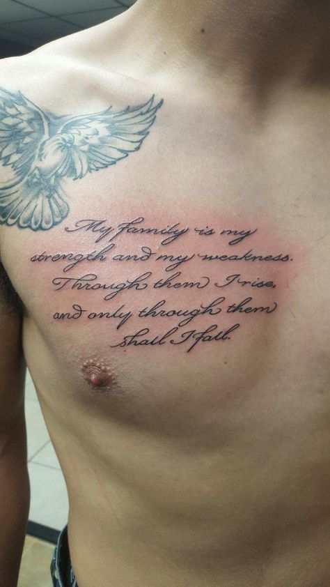 Chest Tattoo Writing, Chest Tattoo Quotes, Family Quotes Tattoos, Leg Sleeve Tattoos, Rib Tattoos For Guys, Family Tattoos For Men, Best Comics, Leg Tattoo Ideas, Tattoo Quotes For Men