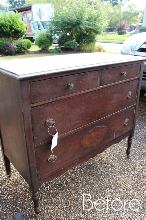 Antique-Dresser-in-Gray-Morning-Before Redo Antique Dresser, Refinished Dresser Diy Antique, Antique Dresser Living Room, Modernized Antique Dresser, Antique Farmhouse Furniture, Antique Dresser In Living Room, Refinishing Antique Furniture, Diy Vintage Dresser Makeover, Refinish Antique Dresser