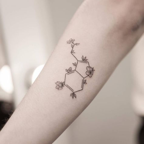 Serotonin chemical structure tattoo located on the Dopamine Molecule Tattoo, Caffeine Molecule Tattoo, Serotonin Chemical Structure, Chemical Structure Tattoo, Serotonin Molecule Tattoo, Chemical Tattoo, Dopamine Tattoo, Serotonin Tattoo, Leopard Print Tattoos