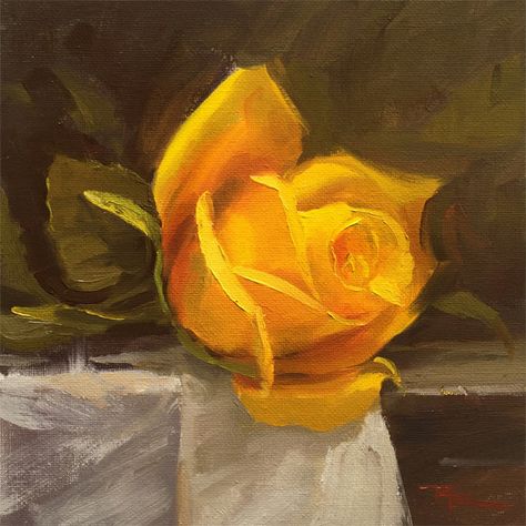 "The Yellow Rose" 8 x 8" Oil on Canvas by Richard Robinson. Rose Painting Acrylic, متحف فني, Rose Oil Painting, Time Painting, Painting Workshop, Oil Painting Flowers, Rose Art, Flower Art Painting, Yellow Painting