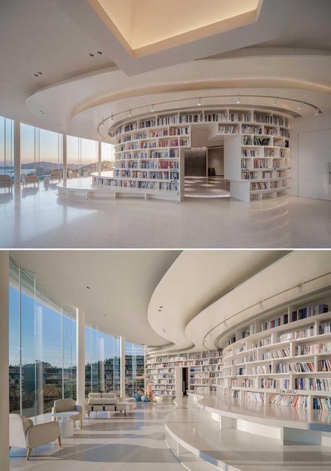 Library Aesthetic Interior Design, Modern House Library, Modern Library Architecture, At Home Library Ideas, Library Modern Design, Modern Library Design, Round Library, Futuristic Library, Modern Libraries