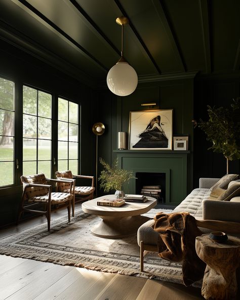 The Best Color Drenching Interior Ideas - Decoholic Magnolia Home Moody Fig, Dark And Moody Office Cozy, Moody Den With Fireplace, Dark Cozy Office, Moody Green Living Room, Moody Fireplace, Home Office Fireplace, Moody Den, Theatre Foyer