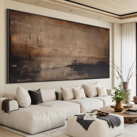 Trendy Wall Decor Living Room, Extra Large Artwork Living Room, Big Art Living Room, Large Wall Canvas Art, Large Hallway Art, Brown Black Cream Living Room, Large Art Dining Room, Chocolate Brown Living Room Ideas, How To Decorate Tall Walls High Ceilings