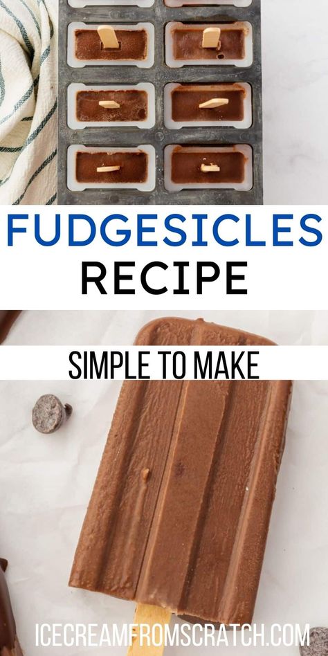 Fudgesicles are the creamy chocolate ice cream treat on a stick that you remember from your childhood, and this recipe tastes exactly like the real thing! Fudge Cycles Recipe, Home Made Fudgesicles, Homemade Chocolate Popsicles, Diy Fudge Popsicles, Fudge Popsicle Recipe, Fudgsicle Recipe, Homemade Fudgesicles, Sunday Desserts, Ice Cream On A Stick