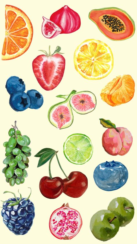 Vegetable Poster Design, Fruits Watercolor, Painted Fruit, Watercolor Art Fruit, Fruit Prints, Food Watercolor, Fruit Poster, Fruit Collage, Watercolor Pattern Design