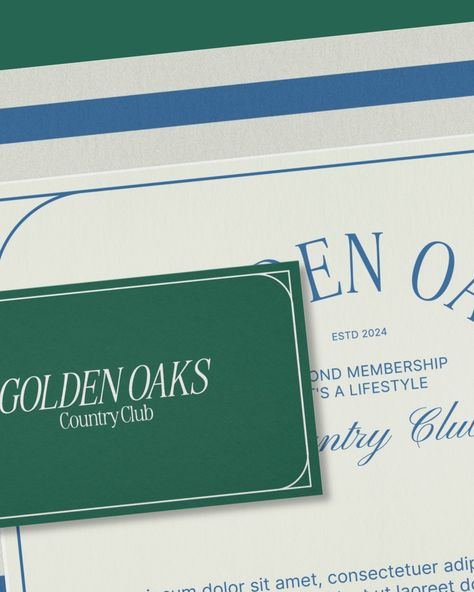 Brand Identity Reveal for Golden Oaks, a country club with premium facilities to offer for those seeking relaxation and recreation. brief by: @thebriefassociation #TBAGOLDENOAKS 🤍 At Designs by Gabi, we create bespoke, delightful, memorable visual identity designs that truly represent your business values and connect with high-end customers. If you're ready to LEVEL UP inquiry from the link in bio! Let's create a brand identity you'll be proud of! . . . #countryclub #countryclublife #lu... Country Club Graphic Design, Country Club Design, 2025 Design, Business Values, Green Branding, Brand Inspiration Board, Brunch Club, Create A Brand, Visual Identity Design