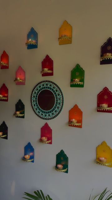 Diwali Diya Decoration On Wall, Wall Diya Holders, Candles Holders Diy, Wall Decoration Diwali, Diy Jharoka Wall Decor, Diwali Corner Decoration, Janmashtami Backdrop, Handmade Room Decor Ideas Wall Art, Wall Decoration For Diwali