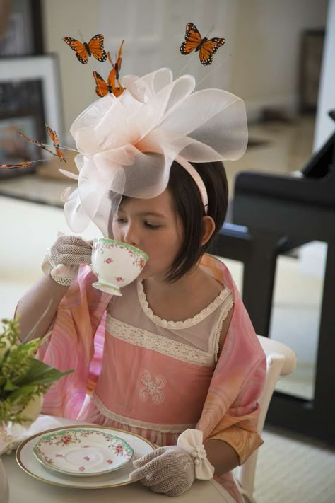 Alina and Mila's Colorful Tea Party | CatchMyParty.com Girls Tea Party Birthday, Baby Tea Party, Vintage Tea Parties, Baby Tea, Kids Tea Party, Dress Up Clothes, Tea Hats, High Tea Party, Princess Tea Party