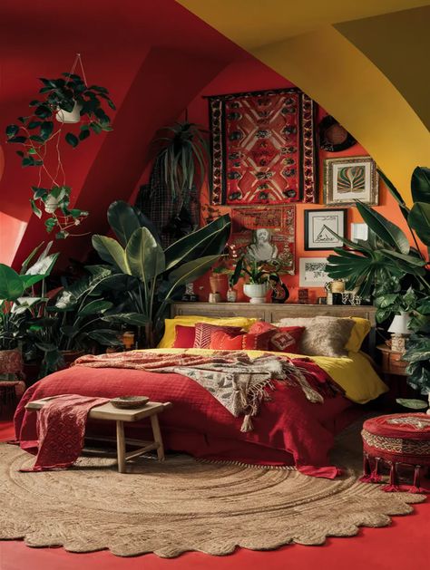 25 Yellow Boho Bedroom Ideas 8 Red Orange Yellow Bedroom Ideas, Orange And Purple Room, Red House Aesthetic, Yellow Boho Bedroom, Purple And Yellow Bedroom, Light Yellow Bedrooms, Bedroom Maximalist, Light Yellow Walls, Room Ideas Dark