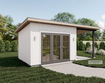 Modern Garden Shed, Building Blueprints, She Shed Plans, Garden Shed Plans, Cabin Plan, A Frame Cabin Plans, Shed With Porch, Office Shed, Pool Shed