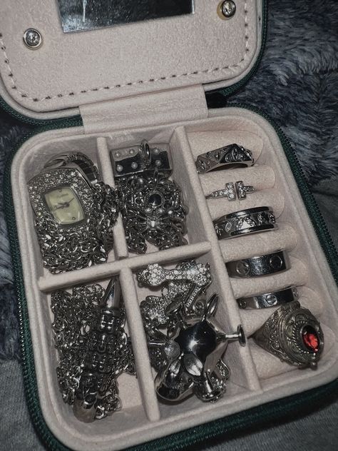 #jewelry #silver #silverjewelry #aesthetic Silver Jewelry Collection Aesthetic, Vintage Silver Jewelry Aesthetic, Silver Jewelry Y2k, Retro Silver Collectible Jewelry, Fairycore Silver Jewelry Gift, Silver Hallmarked Vintage Jewelry, Jewelry Box Aesthetic, Messy Jewelry Box Aesthetic, Silver Maximalist Jewelry