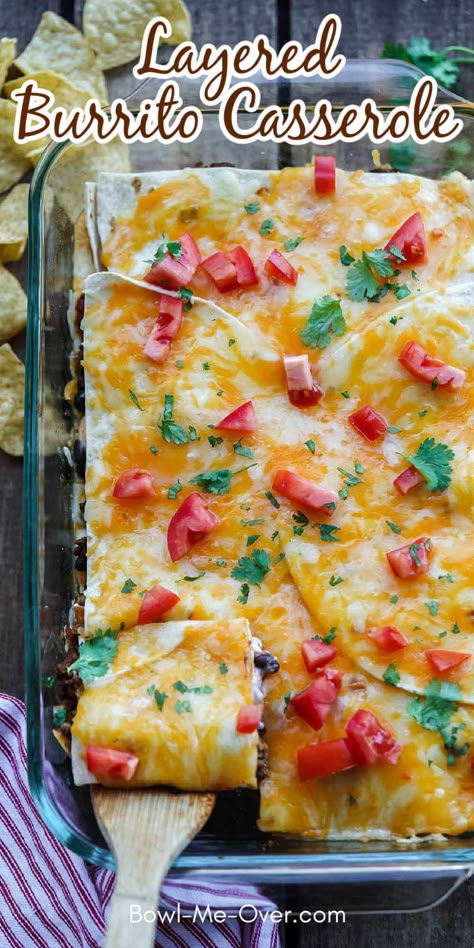 Easy to make Burrito Casserole will quickly become a family favorite! It's a hearty, meaty casserole in a cheesy sauce wrapped in tortillas! Pioneer Woman Burrito Casserole, Layered Burrito Bake, Mexican Burrito Casserole, Burrito Pie Casserole, Taste Of Home Burrito Bake, Wet Burrito Casserole, Layered Burrito Casserole, Dinner Ideas With Tortillas, Camp Supper