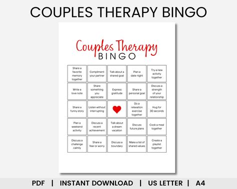 Couples Therapy Bingo, Couple Bingo, Mental Health Bingo, Printable Bingo, Date Night Game, Marriage Counseling, Couple Games, Therapy Tools Couple Bingo, Couples Therapy Activities, Therapy Questions, Date Night Games, Peony Design, Notes Digital, Marriage Therapy, Kindness Activities, Couple Activities