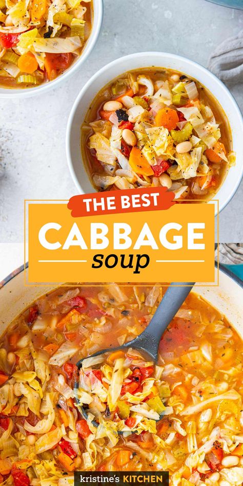 This Cabbage Soup is healthy and full of flavor! Cabbage, veggies, beans and a delicious combination of seasonings make this cabbage soup the best. It's one of our favorite vegetarian soup recipes, perfect for lunch or dinner. Cabbage Soup Made With Coleslaw, Cabbage Dinner Recipes Vegetarian, Cabbage Soup For Ulcers, Mayo Clinic Cabbage Soup Recipe, Dolly Parton Cabbage Soup Recipe, Cabbage Soup With Potatoes, Cabbage Soup With White Beans, Cabbage White Bean Soup, White Bean And Cabbage Soup