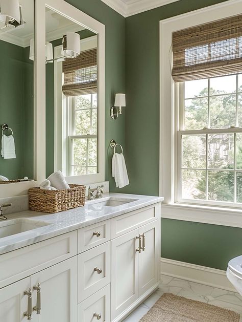 Sherwin Williams Green Onyx Sage Green Bathroom Green Sage Bathroom Ideas, Half Bathroom Green Walls, Green Wall Paint Bathroom, White Vanity Green Walls Bathroom, Benjamin Moore Green Bathroom Colors, Basil Sherwin Williams Bathroom, Home Depot Sage Green Paint, Green Full Bathroom, Sage Green And Ivory Bathroom