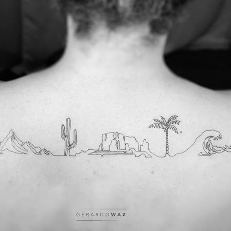 Desert Tattoo, One Line Tattoo, Nature Tattoo Sleeve, Cactus Tattoo, Minimal Tattoo Design, Western Tattoos, Sacred Geometry Tattoo, Leo Tattoos, Landscape Tattoo