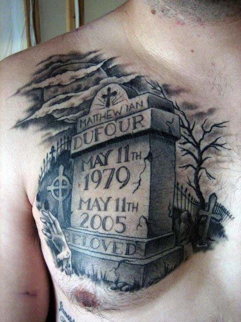 50 Tombstone Tattoos For Men - Memorial Stone Designs Tombstone Tattoo, Graveyard Tattoo, Coffin Tattoo, Rip Tattoo, Stone Tattoo, Tattoos Pictures, Small Chest Tattoos, Anker Tattoo, Small Shoulder Tattoos