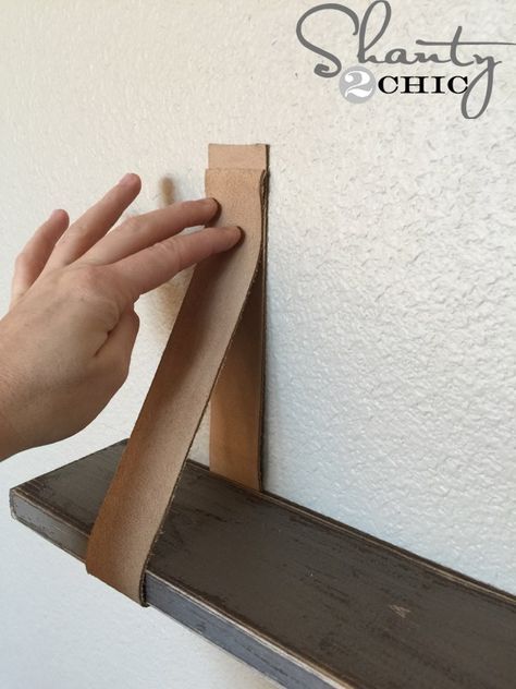 Shelves With Leather Straps, Homemade Shelves, Cozy Cubicle, Blob Mirror, Leather Strap Shelves, Perfect Laundry Room, Diy Shelf Brackets, Diy En Cuir, Simple Bathroom Decor