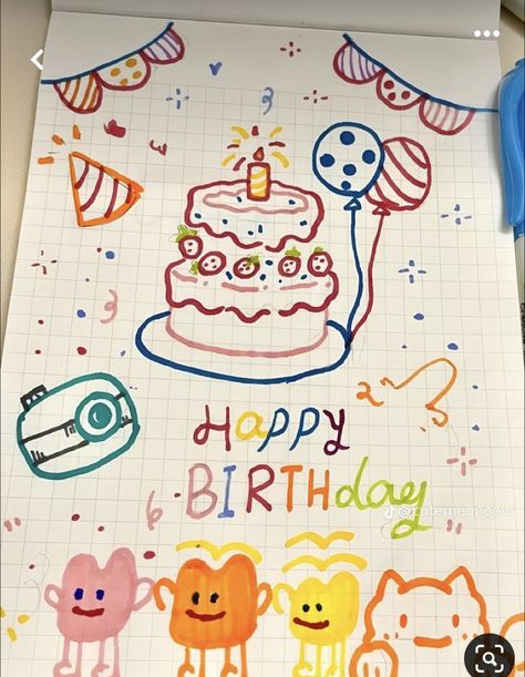 How To Draw A Birthday Cake, Happy Birthday Card Drawing, Happy Birthday Doodle, Birthday Cake Drawing, Happy Birthday Doodles, Happy Birthday Drawings, Hadiah Diy, Birthday Doodle, Happy Birthday Cards Diy