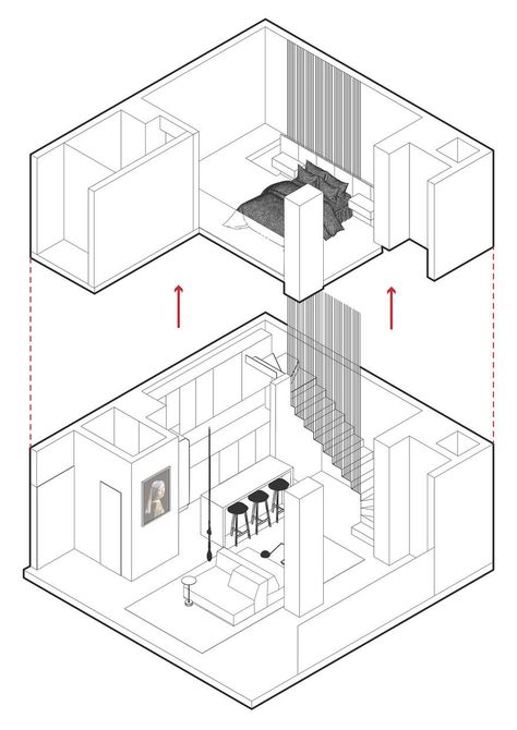 Batel Loft / Giuliano Marchiorato Arquitetos Loft Floor, Loft Plan, Interior Architecture Drawing, Interior Design Drawings, Small Loft, Architectural Floor Plans, Loft Design, Diagram Architecture, Minimalist Architecture