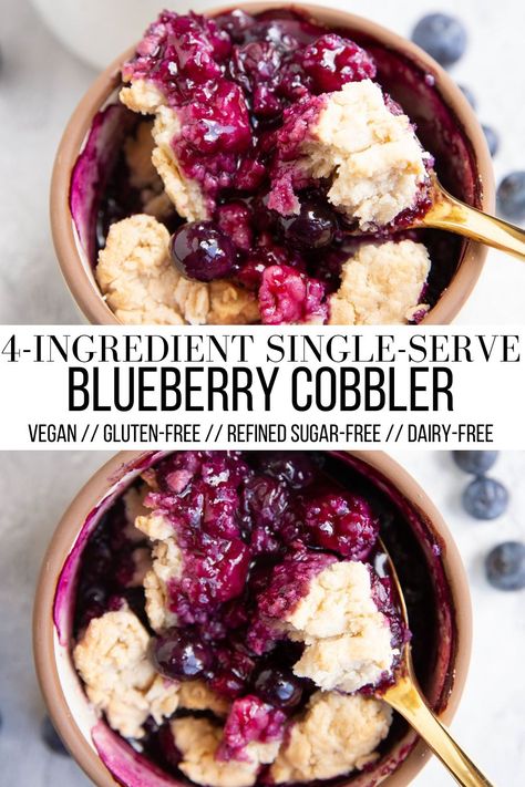 Easy Single-Serve Blueberry Cobbler made gluten-free, vegan, refined sugar-free, and dairy-free. This simple single-serve treat is blasted with fresh blueberry flavor with an incredible buttery crumble topping. #cobbler #blueberry #blueberries #dessert #vegan #glutenfree #healthy #vegandrecipes Sugar Free Blueberry Cobbler, Simple Dairy Free Dessert, Healthy Berry Dessert, Df Gf Desserts, Low Calorie Gluten Free Desserts, Ww 2023, Allergy Diet, Gluten Free Dairy Free Dessert, Dessert Vegan