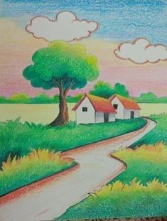 Landscape Drawings Easy For Kids, Kids Drawing Ideas Easy Nature, Easy Nature Drawings, Scenery Drawing For Kids, Easy Scenery Drawing, Oil Pastel Landscape, Oil Pastel Drawings Easy, Drawing Scenery, Oil Pastel Colours