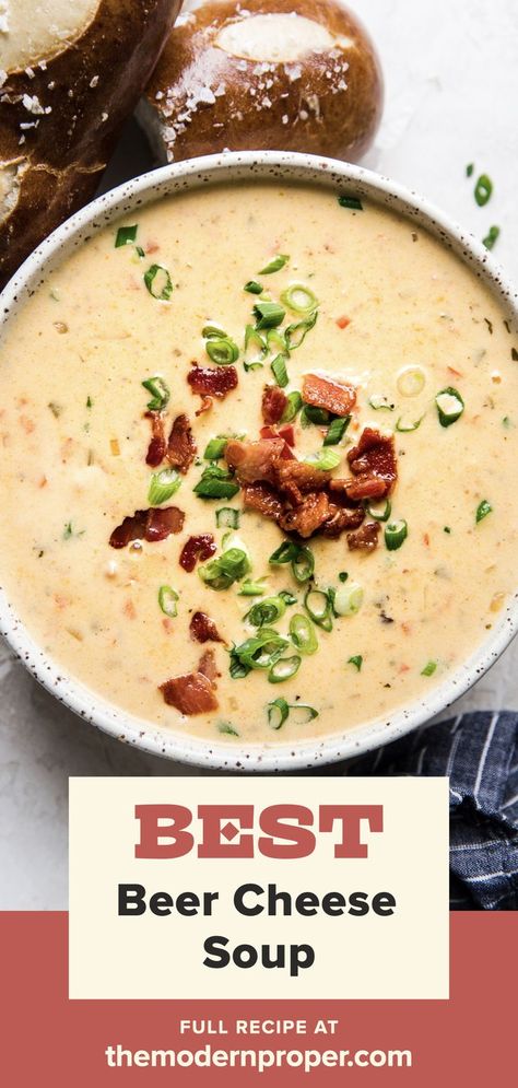 Beer Cheese Soup with bacon, peppers in a bowl with pretzel rolls and a spoon Bacon Beer Cheese Soup, Easy Beer Cheese Soup, Beer Cheese Soup Recipes, Beer Soup, Beer Cheese Soup, Beef Recipe Instant Pot, Cheese Soup Recipe, Crockpot Appetizers, The Modern Proper