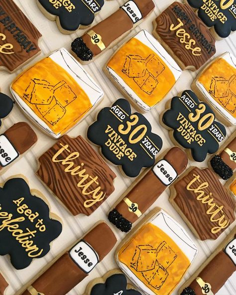 Men’s 30th Bday, Husband Surprise 30th Birthday Party, 30 Mens Birthday Party, Whiskey Theme Cookies, Men’s 30th Birthday Decorations, 30 Bday Party Ideas For Men, 40th Birthday Ideas For Men Bourbon, Men’s Thirty Birthday Theme, 30th Birthday Men Party