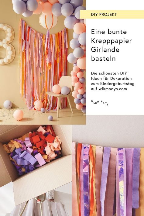 Diese super einfache Kreppapier Girlande ist schnell selbst zu basteln, aber sie zaubert einen großen Wow-Effekt für den nächsten Kindergeburtstag! Wie du diese bunte Girlande selbst basteln kannst, zeige ich dir auf dem Blog – mit weiteren kreativen DIY Deko Ideen für die Kinderparty! Happy Bastelzeit! #wlkmndys #kindergeburtstag #basteln #diyideen #dekoration Backdrops Kids, Diy Girlande, Baby Birthday Decorations, Party Girlande, Toddler Birthday Party, Happy Birthday Baby, 22nd Birthday, Diy Gift Wrapping, Toddler Birthday