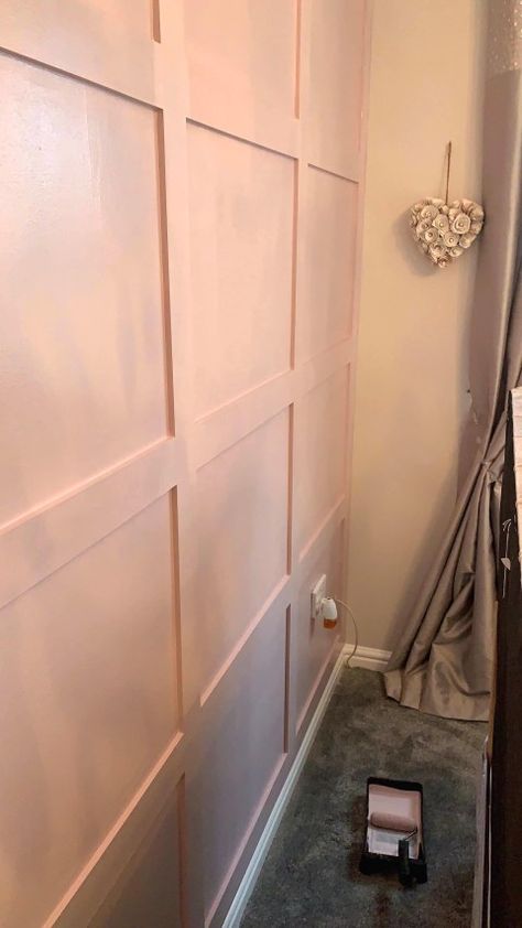 Pink Panelling Bedroom Ideas, Blush Pink Panelling Bedroom, Blush Pink Wall Panelling, Pink Panneling Girls Room, Bedroom Panelling Pink, Pink Panelling Nursery, Blush Pink Bedroom Ideas For Women, Pink Panel Wall, Pink Panelling Bedroom