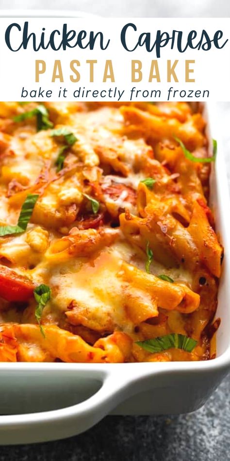 Chicken caprese pasta bake is an easy freezer-friendly meal that can be baked up fresh, or from frozen! A weeknight dinner that bakes up in 40 minutes, and whole family will enjoy! Pasta Food Prep Ideas, Chicken Caprese Pasta Bake, Freezer Pasta Bake, Chicken Pasta Freezer Meal, Caprese Pasta Bake, Chicken Caprese Pasta, Baked Caprese Chicken, Grilled Chicken Pasta, Pasta Calories