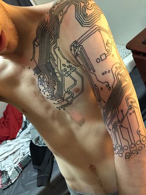 Motherboard Tattoo, Computer Tattoo Ideas, Computer Science Tattoo, Circuitry Tattoo, Tech Tattoo Ideas, Circuit Board Tattoo, Computer Tattoo, Circuit Tattoo, Electronic Tattoo