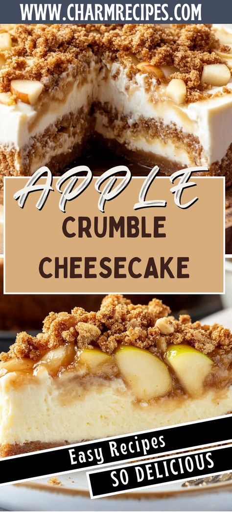 APPLE CRUMBLE CHEESECAKE Rich And Delish Apple Crumble Cheesecake, Apple Crumble Cupcakes Recipe, Apple Crumble Cheesecake With Biscoff Crust, Apple Crisp Crumble Recipe, Easy Apple Crisp Cheesecake, Apple Charlotte Recipe, Thanksgiving Desserts Lemon, Apple Cheesecake Crumble, Thanksgiving Desserts Apple Crisp