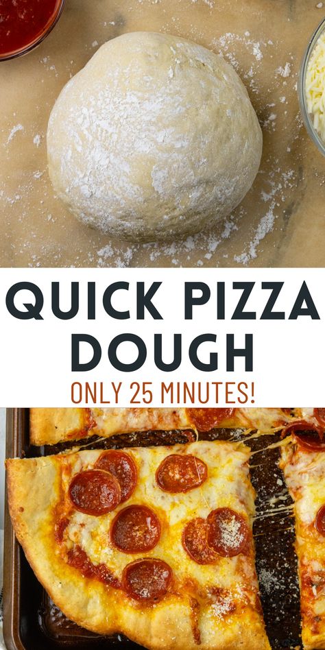 Need a homemade pizza crust ASAP? This recipe will get you a fluffy pizza crust with crispy edges in 25 minutes. You need a few simple ingredients like all purpose flour and instant yeast. Make a double batch of and freeze the second dough for a quick and easy homemade pizza later. This will make one pound of pizza dough. Pizza Dough Instant Yeast, Pizza Dough Recipe Without Yeast, Pizza Dough Recipe No Yeast, Quick Pizza Crust, Yeast Pizza Dough, Pizza Crust Recipe Easy, Quick Pizza Dough, Easy Pizza Crust, No Yeast Pizza Dough